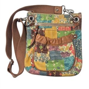 Vintage Fossil Y2K Patchwork Canvas & Leather Crossbody Bag Boho
